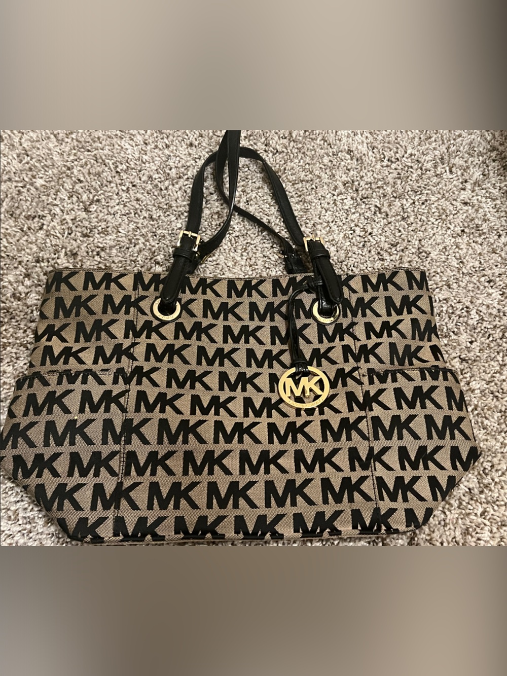 Michael Kors Brown Logo Tote with Black Straps and Gold Hardware
